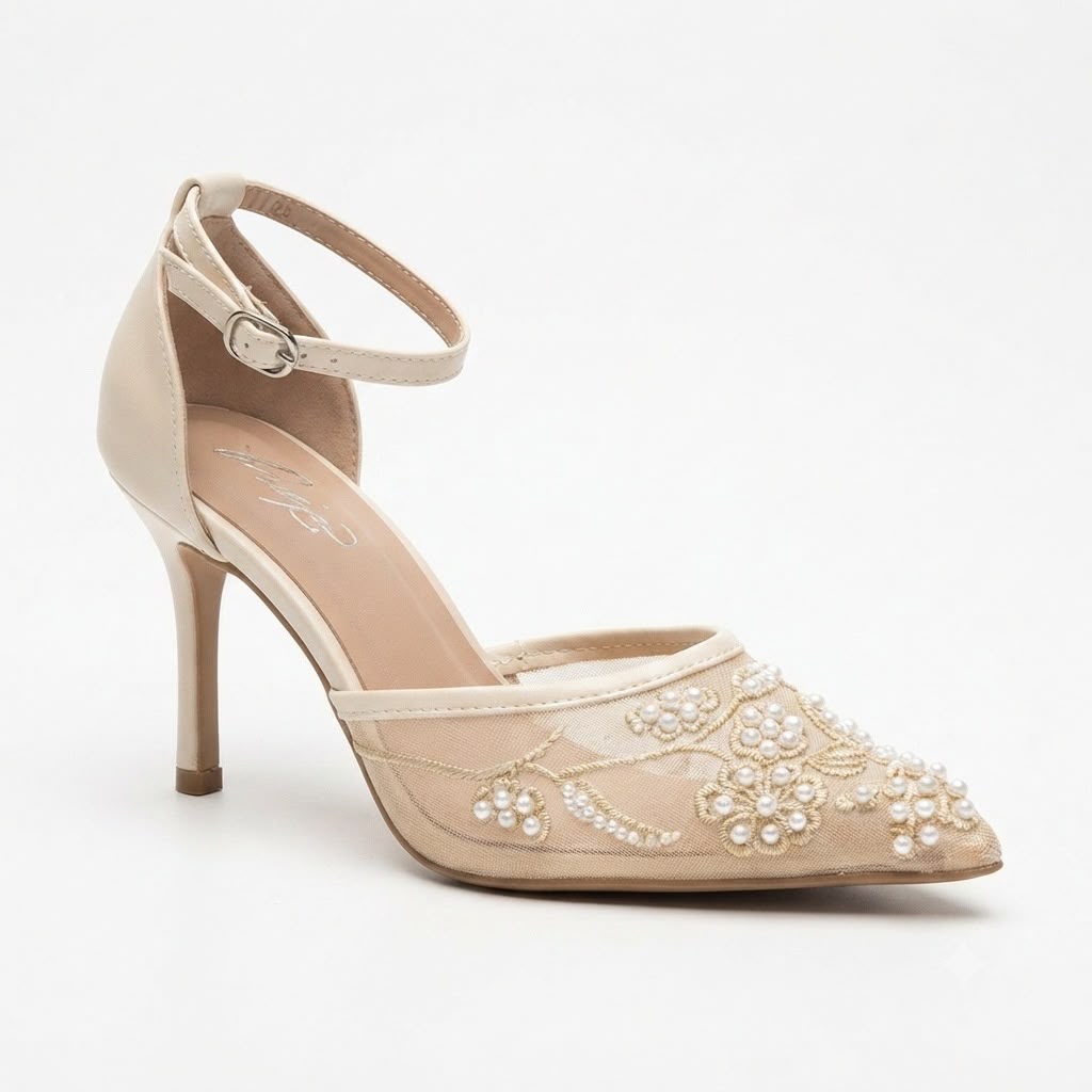 Pantofi Dama Eco cu Toc Stiletto și Broderie Florală cu Perle Cod 5GZ88
