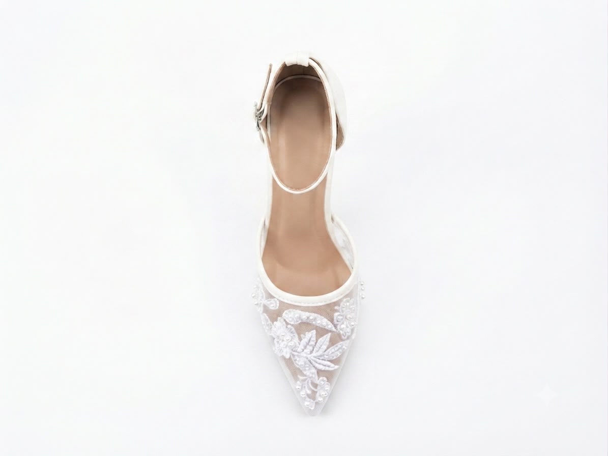 Pantofi Dama Eco cu Toc Stiletto, Vârf Ascuțit și Broderie Florală cu Perle Cod 5GZ88