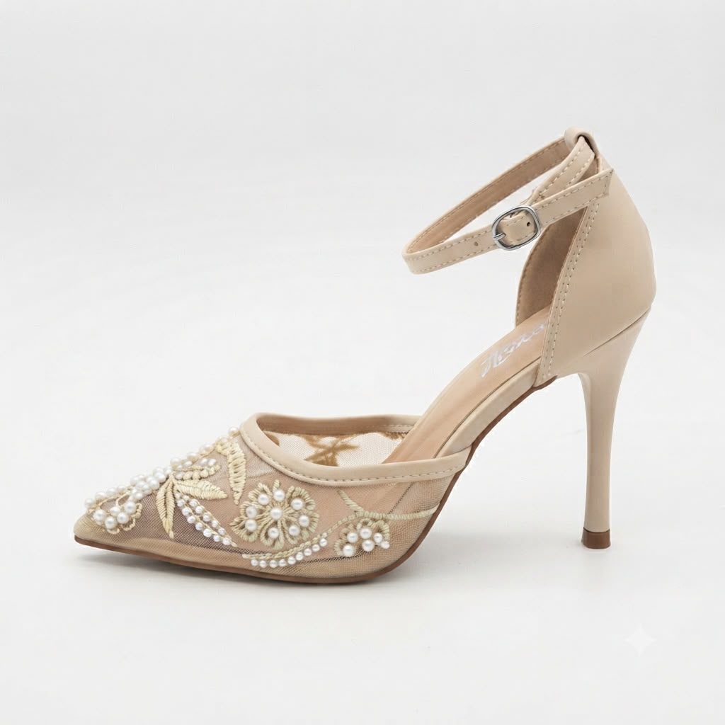 Pantofi Dama Eco cu Toc Stiletto și Broderie Florală cu Perle Cod 5GZ88