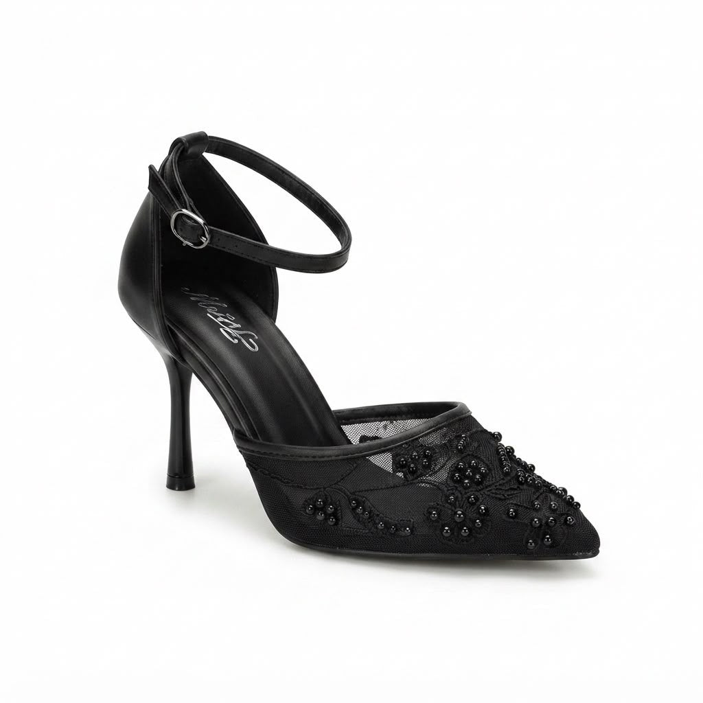 Pantofi Dama Eco cu Toc Stiletto și Decorațiuni Florale din Mărgele Cod 5GZ88