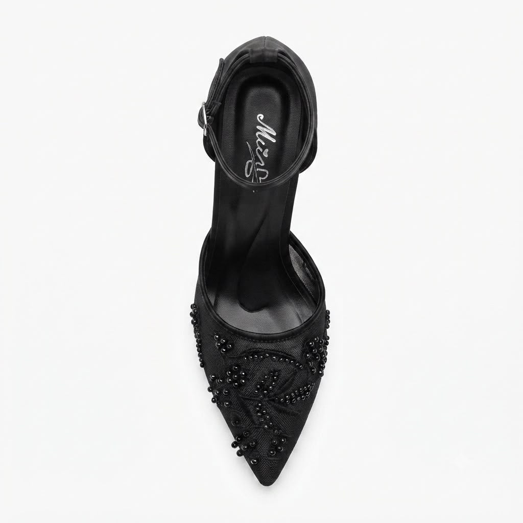 Pantofi Dama Eco cu Toc Stiletto și Decorațiuni Florale din Mărgele Cod 5GZ88