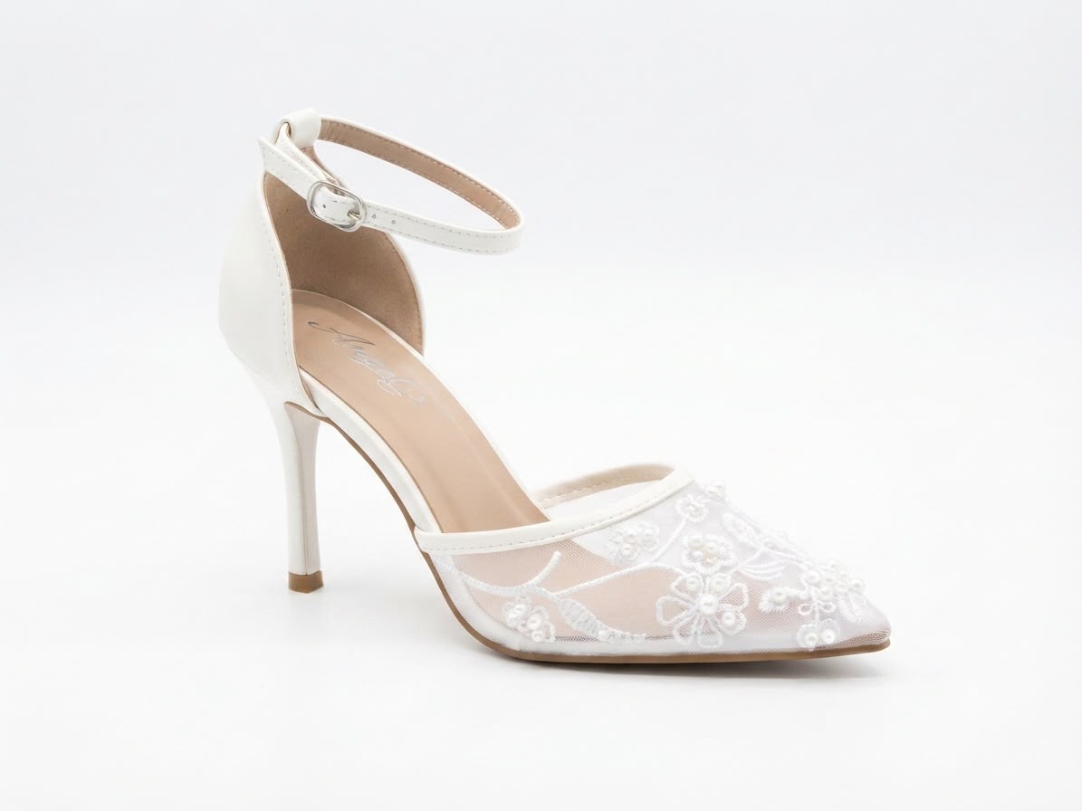 Pantofi Dama Eco cu Toc Stiletto, Vârf Ascuțit și Broderie Florală cu Perle Cod 5GZ88