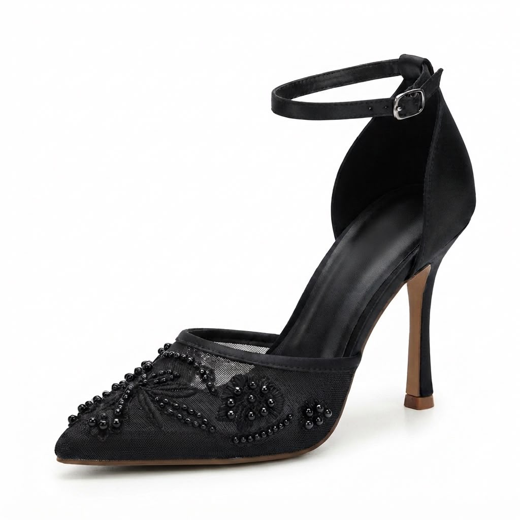 Pantofi Dama Eco cu Toc Stiletto și Decorațiuni Florale din Mărgele Cod 5GZ88