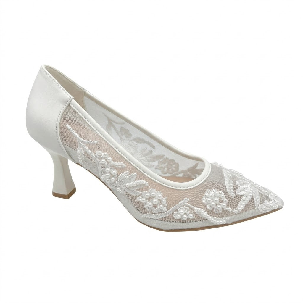 Pantof damă elegant din dantelă, toc 6 cm, alb  ,cod 088