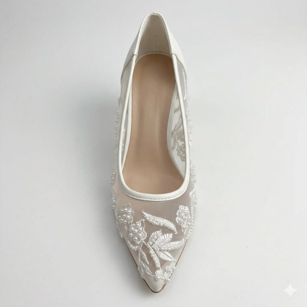 Pantof damă elegant din dantelă, toc 6 cm, alb  ,cod 088