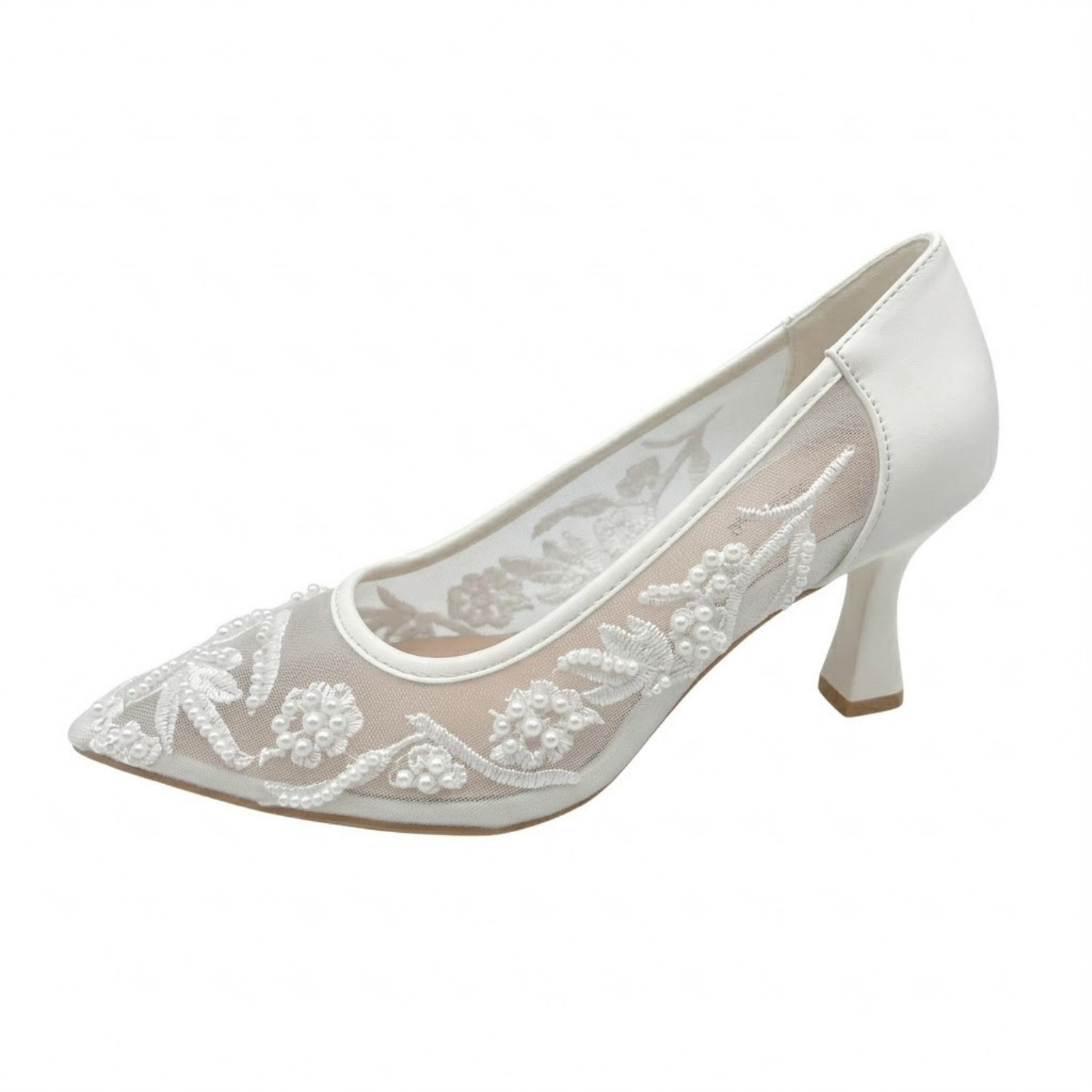 Pantof damă elegant din dantelă, toc 6 cm, alb  ,cod 088